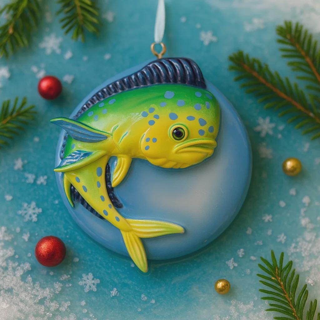 Decorative fish ornament on a blue background with Christmas elements
