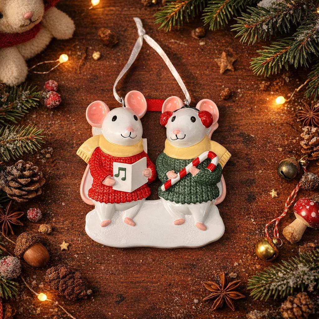 Decorative Christmas ornament of two mice holding a music note and candy cane on a wooden background with festive decorations.