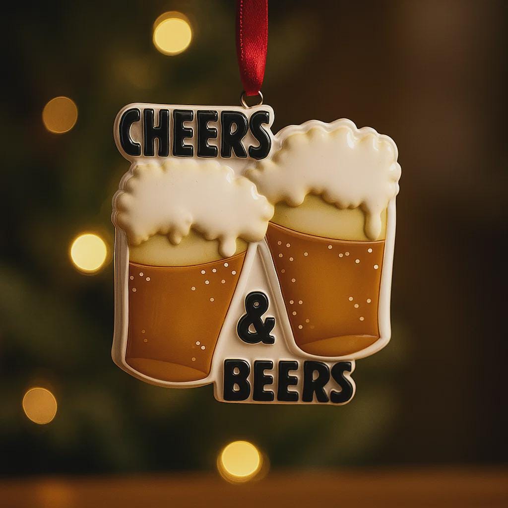 Personalized Cheers and Beers Christmas ornament featuring a raised 3D front with two frothy beer mugs clinking together. The design includes bold “Cheers” and “Beers” lettering, detailed foam texture, and warm amber beer tones. The ornament has a flat 2D back for easy hanging. Hand-added personalization allows two names and a year. Styled on a rustic wooden background with Christmas lights, greenery, and festive decor for a cozy holiday atmosphere.
