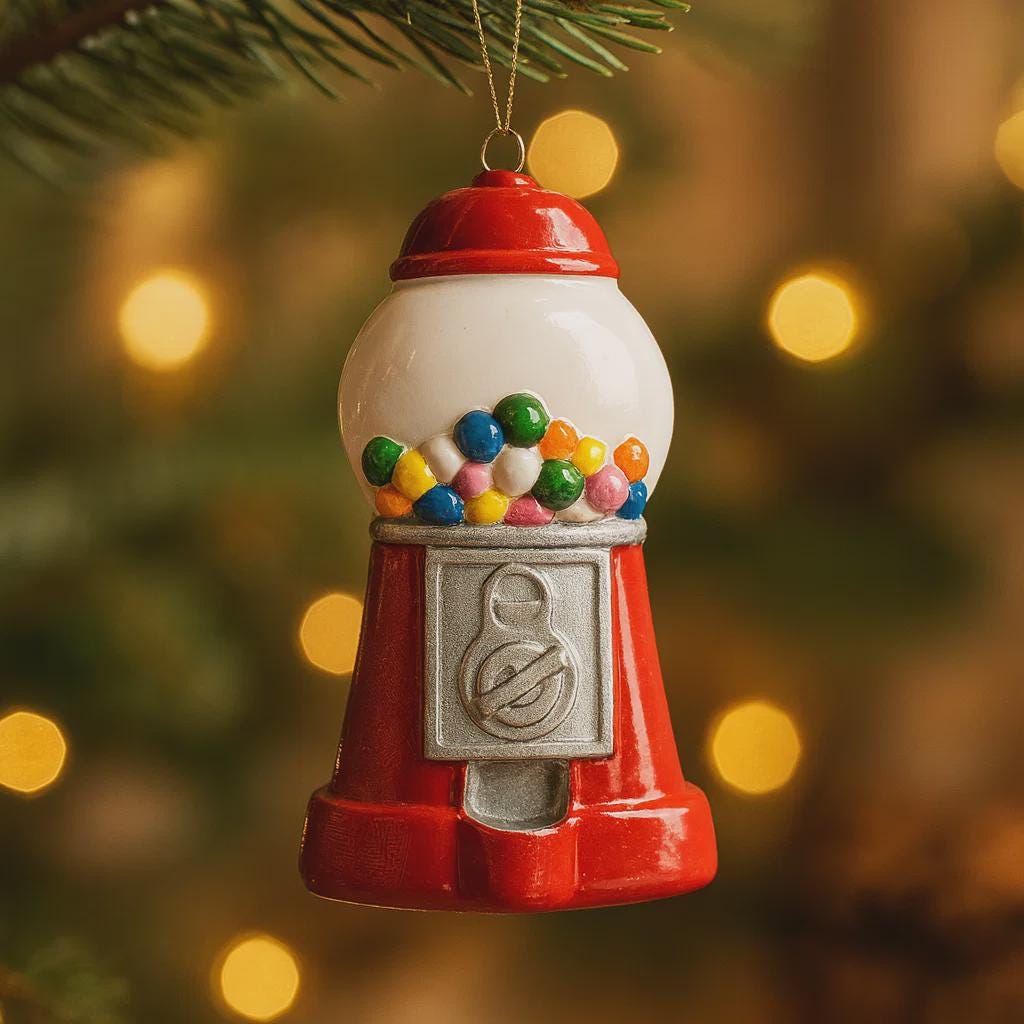 Gumball machine ornament with colorful gumballs on a blurred Christmas tree background