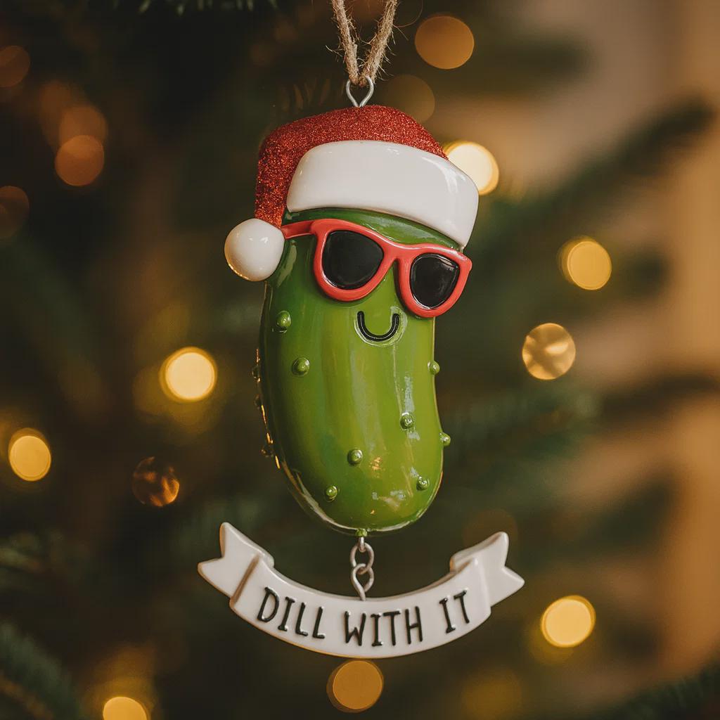 Decorative pickle ornament with sunglasses and Santa hat on a Christmas tree.