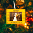 Load image into Gallery viewer, Personalized just married photo frame ornament featuring a rustic yellow frame design. A romantic keepsake for newlyweds couples celebrating their first Christmas married or Valentine’s Day. Perfect wedding gift engagement decor and meaningful holiday ornament.
