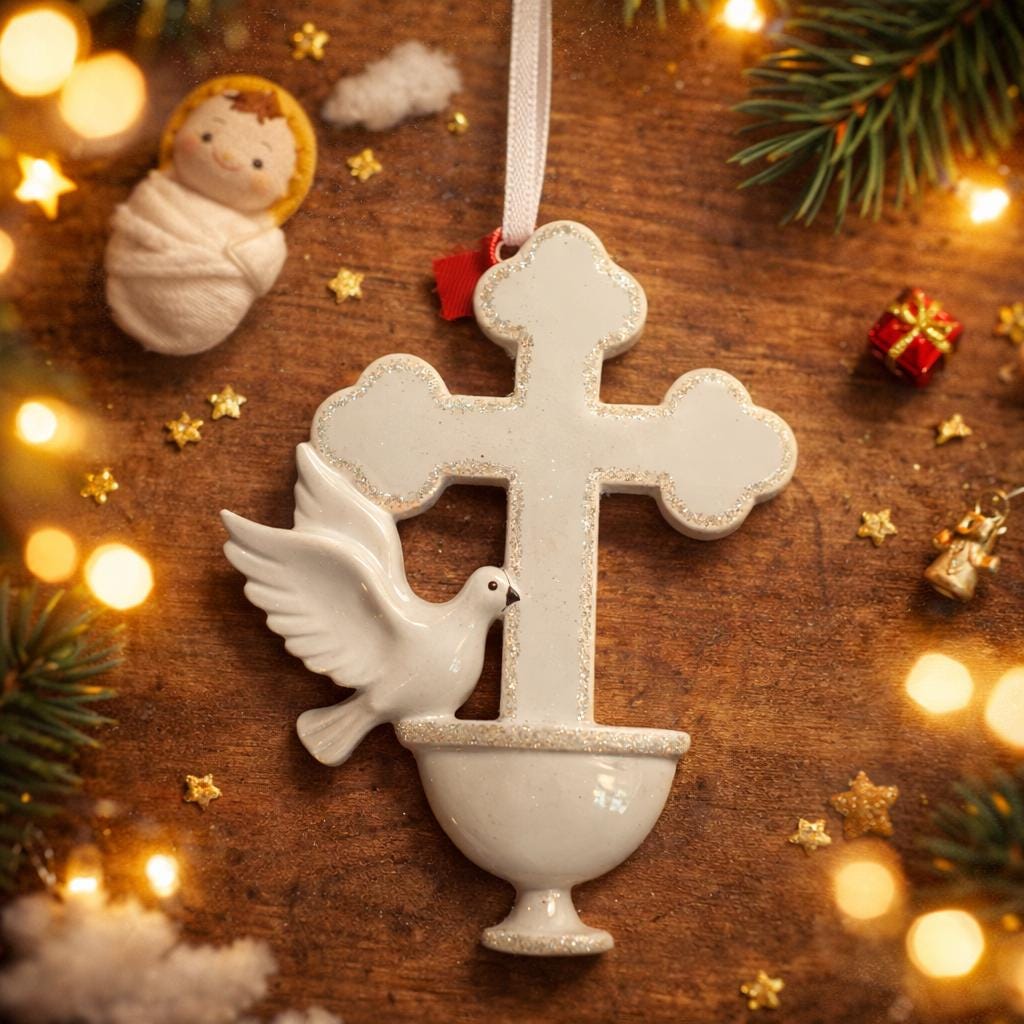 Decorative Christmas ornament with cross and dove on a wooden background with lights and decorations.