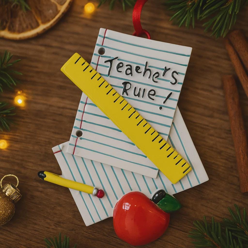 Decorative ornament shaped like paper book with a ruler, pen, and red apple on a green background with Christmas elements.