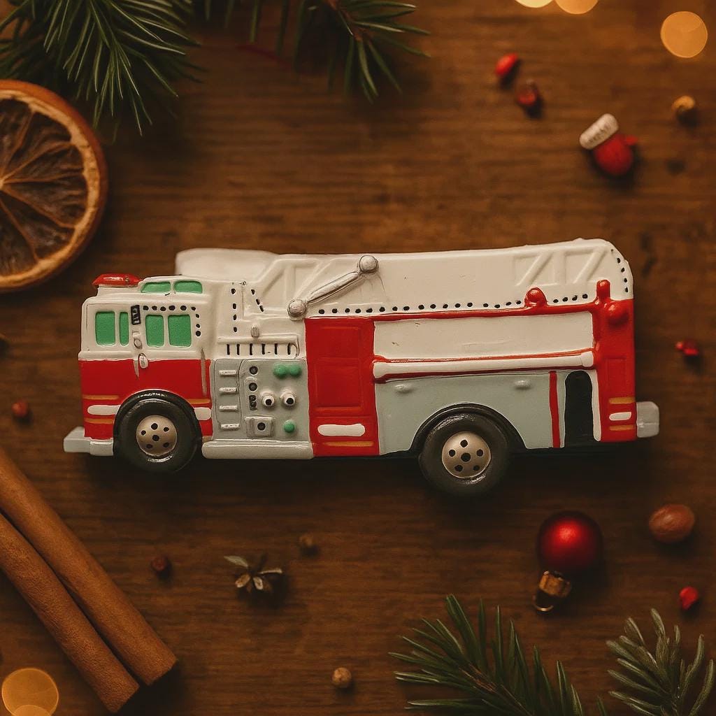 Toy fire truck on a wooden surface with Christmas decorations