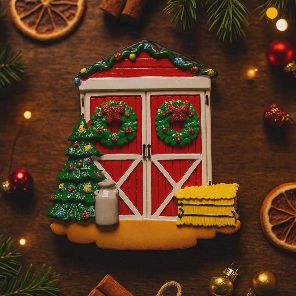 Decorative Christmas ornament resembling a red barn with wreaths, trees, and a lantern on a wooden surface with festive decorations.