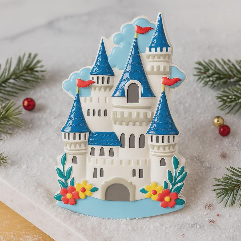 Personalized Princess Castle Christmas Ornament featuring a charming white fairytale castle with blue rooftops and red flags, surrounded by colorful floral details. Customizable with name at the base and year on the castle front, this magical princess castle ornament is perfect for celebrating a special little girl. 