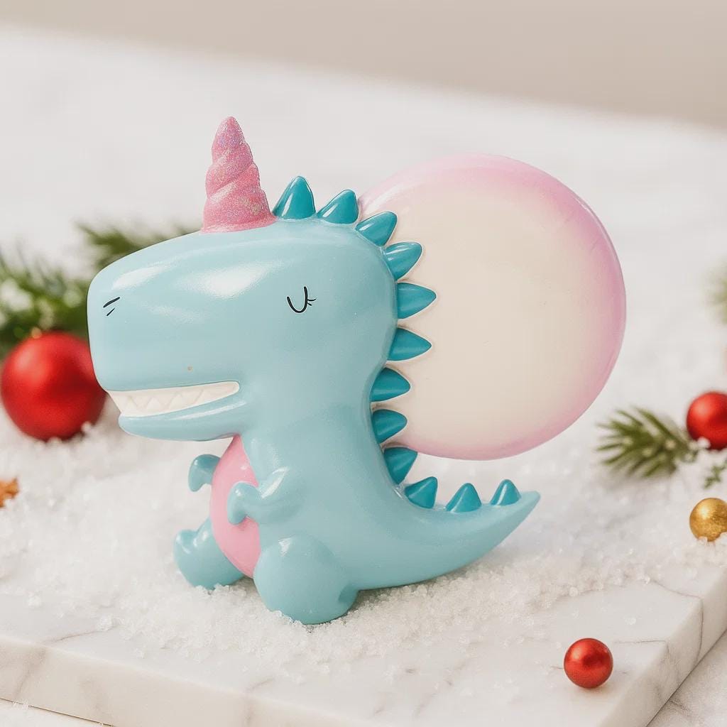 Blue dinosaur figurine with a pink horn and tail on a decorative background with Christmas ornaments.