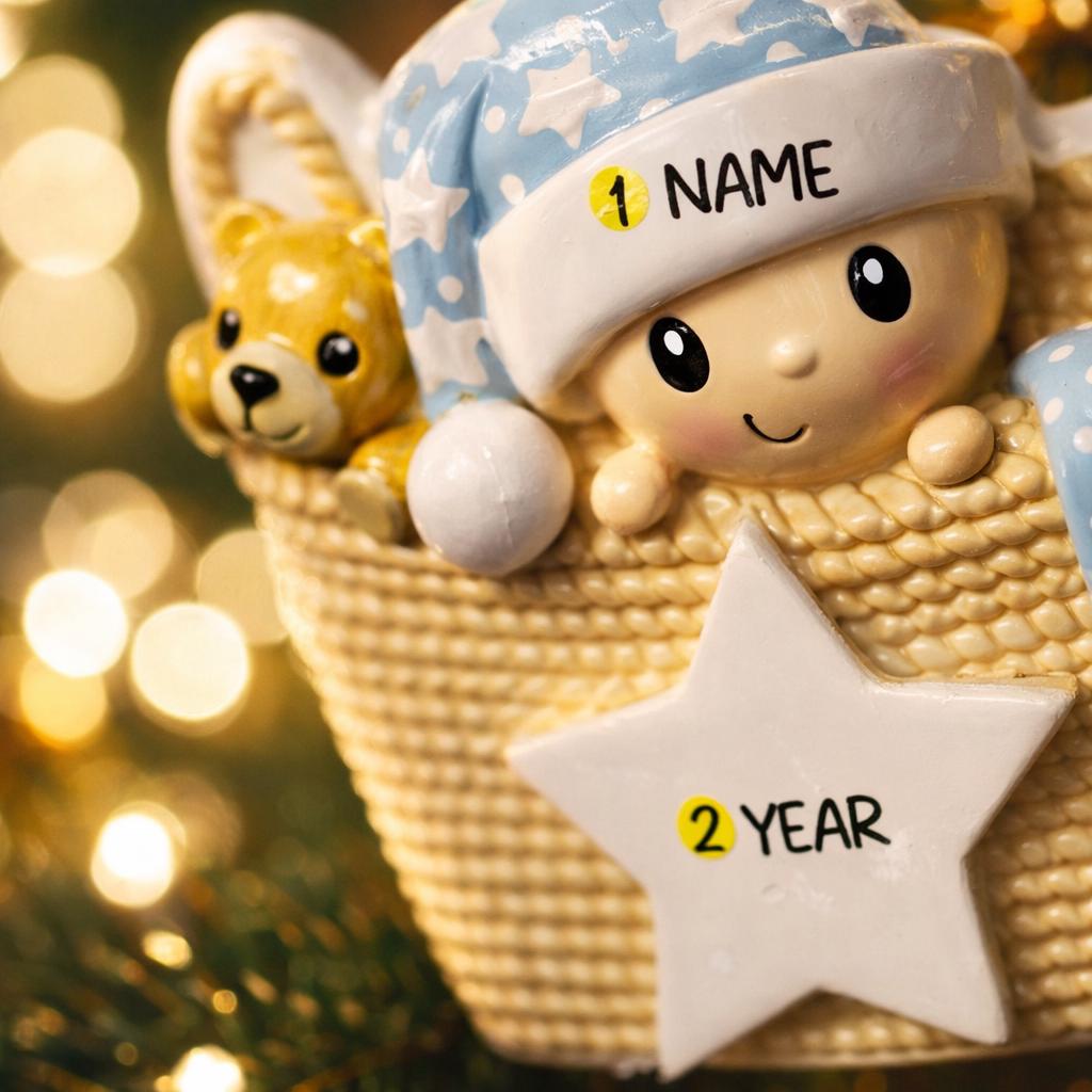 Personalized Baby First Christmas Ornament featuring a sweet newborn tucked inside a cozy woven basket with a soft blue star hat and matching blanket. This 3D front design includes raised details, textured knit pattern, and adorable teddy bear accent, creating depth and charm. Name is displayed on the hat and year on the star. A heartfelt keepsake for baby’s first holiday, nursery decor, or newborn gift. Perfect Christmas tree ornament for new parents.