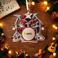 Load image into Gallery viewer, Personalized drum set ornament featuring a detailed red and silver drum kit with cymbals and star accents. Customizable with one name and a year. Crafted from resin with a glossy finish, featuring 3D raised front drum elements and a flat 2D back for balanced hanging. Finished with a satin ribbon. Designed for drummers musicians band members and music themed Christmas tree decor.
