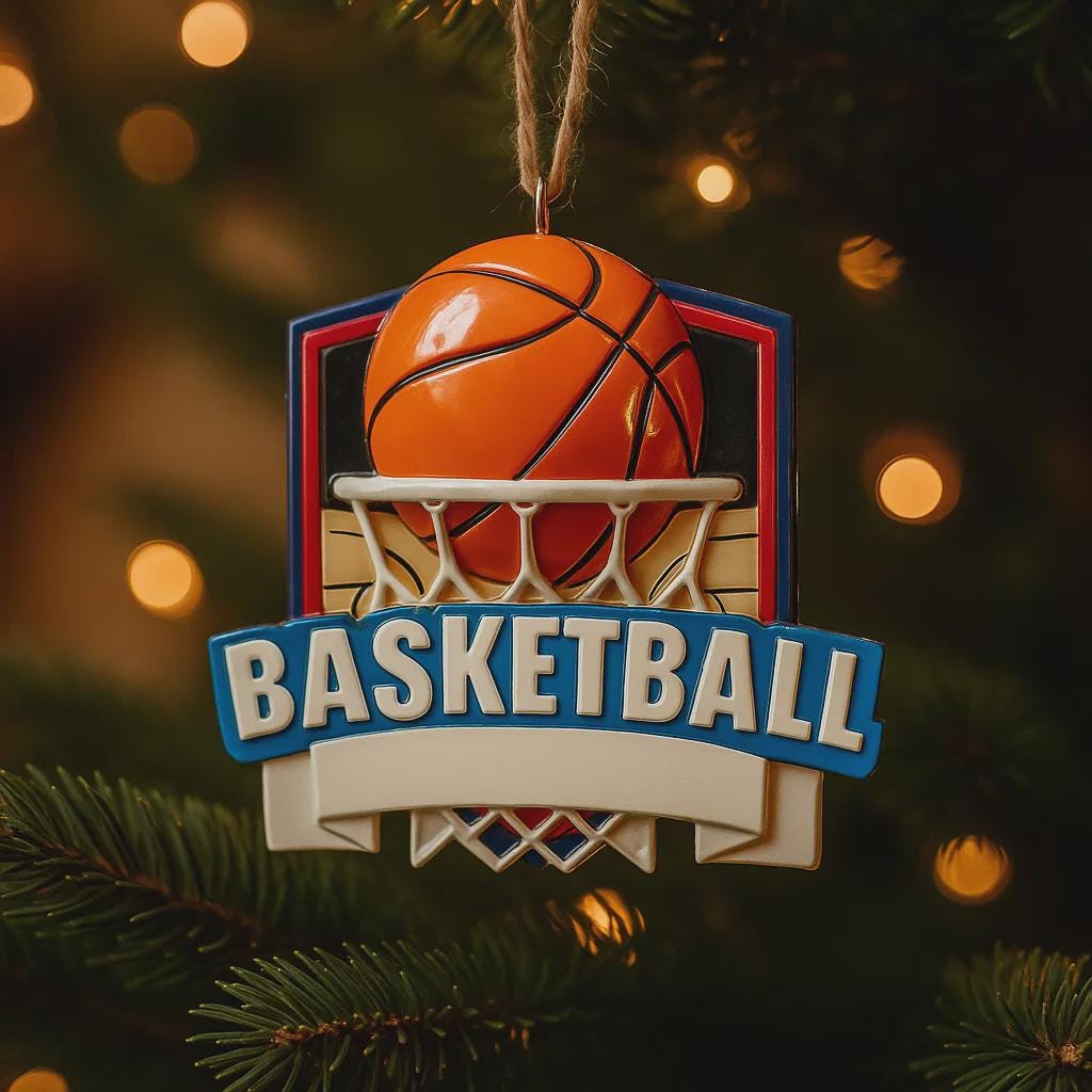 Personalized basketball Christmas ornament featuring an orange basketball and hoop design with customizable name area on the front banner and customizable year area on the basketball, glossy finish with raised 3D front details and flat 2D back, white hanging ribbon, displayed on a snowy basketball court themed holiday background with pine branches and festive decorations.