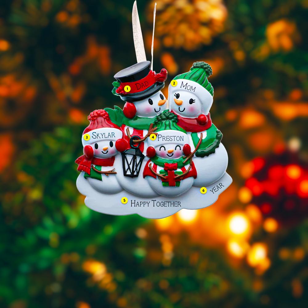Personalized Christmas ornament with snowman family against a blurred festive background