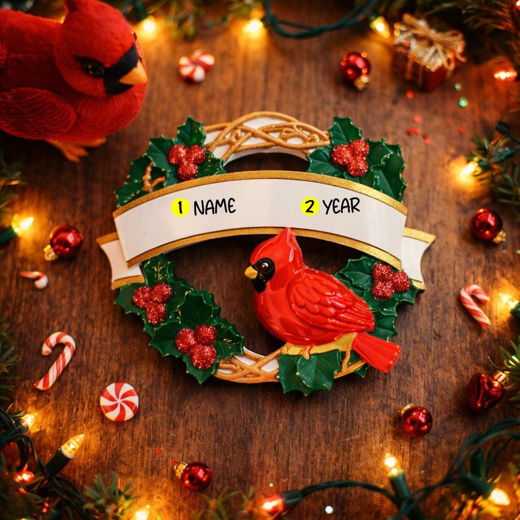 Personalized cardinal wreath ornament featuring a vibrant red cardinal bird surrounded by green holly leaves and red berries. Designed with a smooth glossy finish and a raised 3D front with a flat back for easy hanging. Includes free handwritten personalization with one name and year displayed on the banner at the top. Styled in a warm festive holiday setting with soft Christmas lights candy details and seasonal decor. A meaningful Christmas tree ornament symbolizing remembrance love and connection perfect 