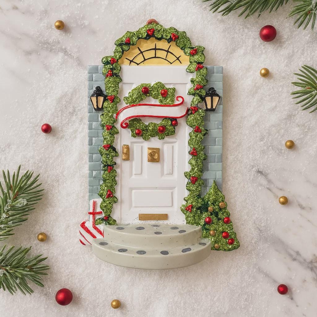 Decorative Christmas door with wreath, candy canes, and ornaments on a marble surface.