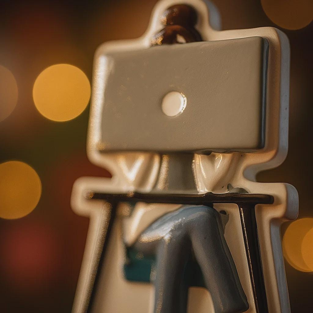 ORNAMENT figurine with a screen on its head against a blurred bokeh background