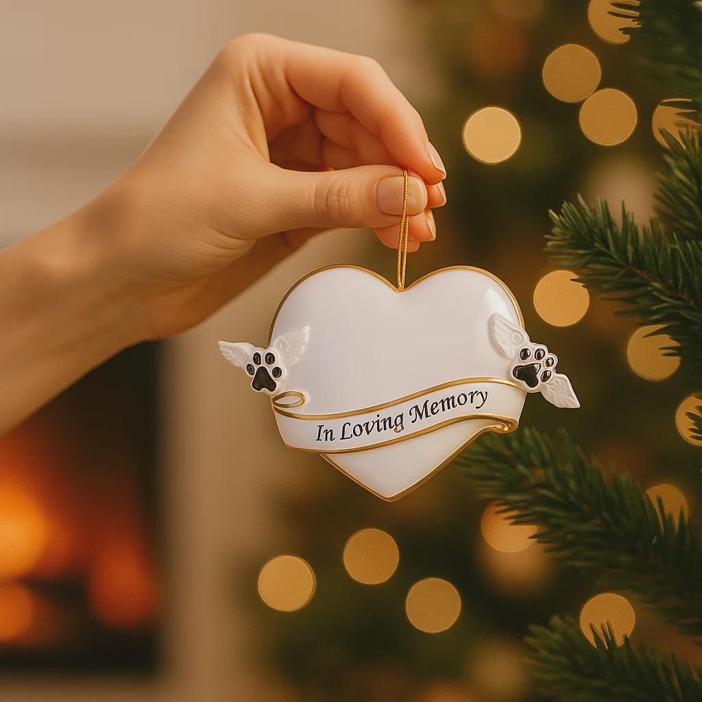 Heart shaped pet memorial Christmas ornament designed to honor the loving memory of a beloved pet. Features angel wing paw details and a soft elegant design that brings comfort and warmth during the holiday season. Includes a customizable name and year area, allowing you to create a meaningful keepsake in remembrance of a cherished companion. Perfect for memorial Christmas trees sympathy gifts pet loss remembrance and heartfelt holiday decor.