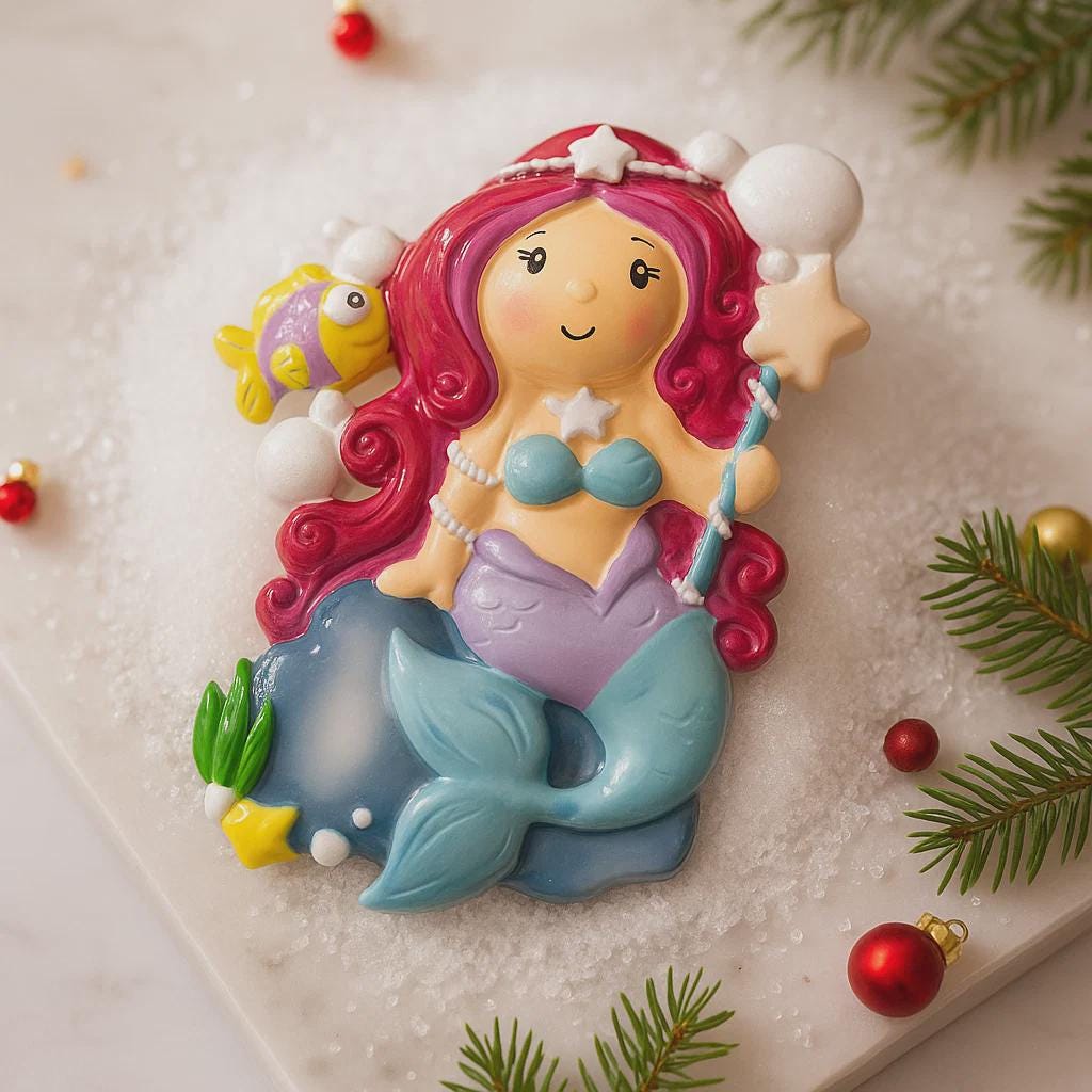 Personalized mermaid Christmas ornament with red curly hair, teal seashell top and purple tail, custom name and year holiday keepsake