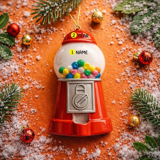 Gumball machine ornament with customizable text on a decorative background with snow and Christmas elements.