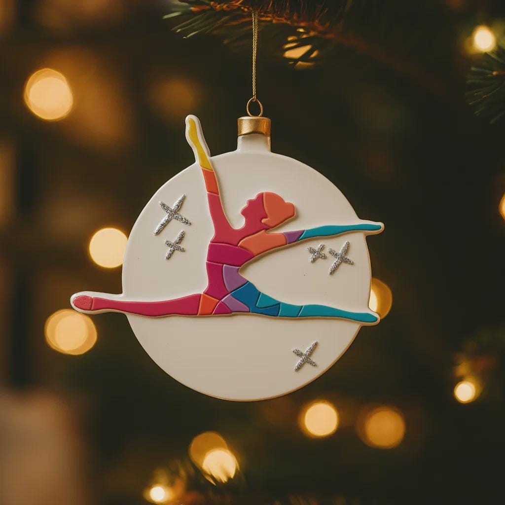 Colorful gymnast ornament on a Christmas tree with blurred lights in the background