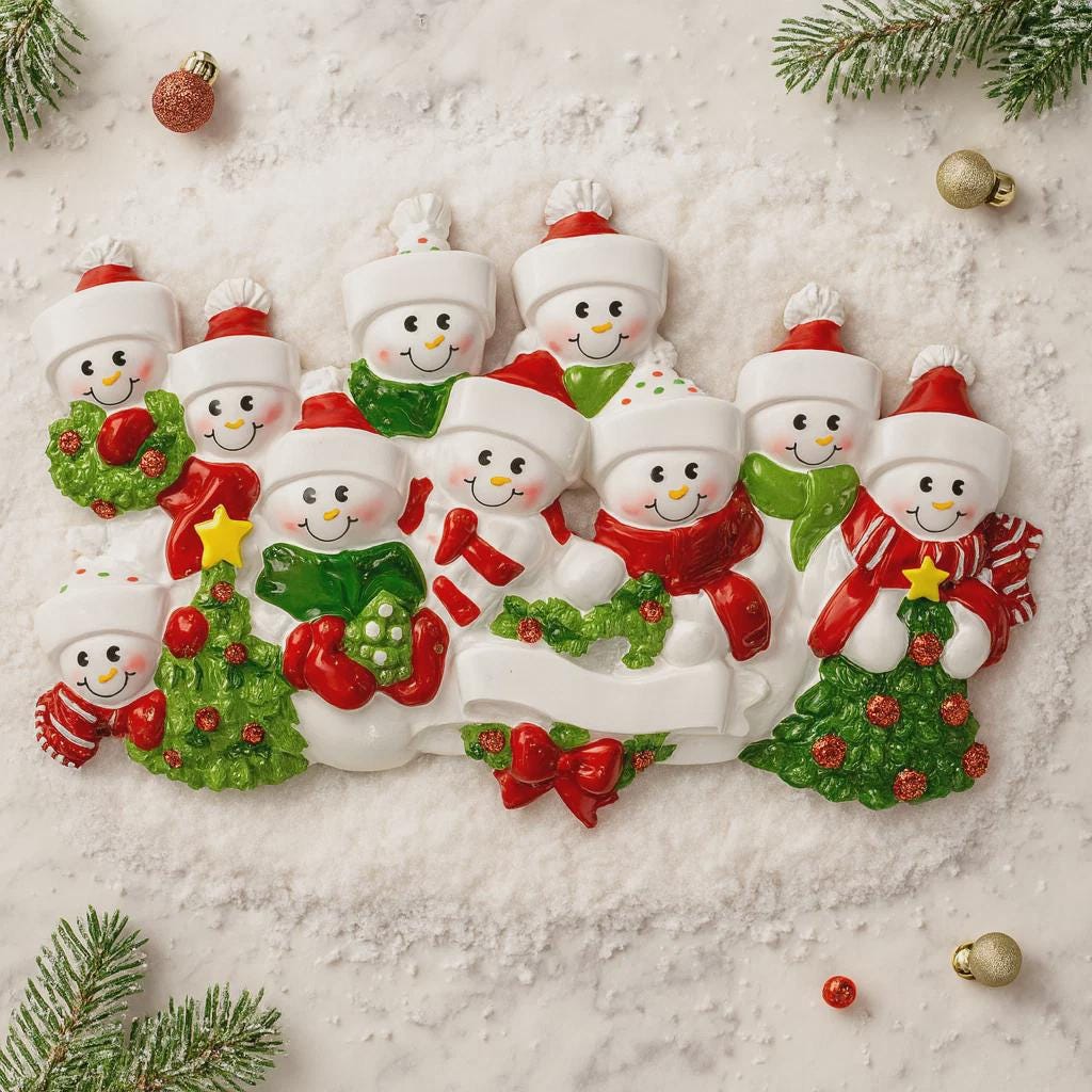 Snowman Family of 10 Christmas Ornament | Personalized Names and Year | Winter Tree Decor Keepsake