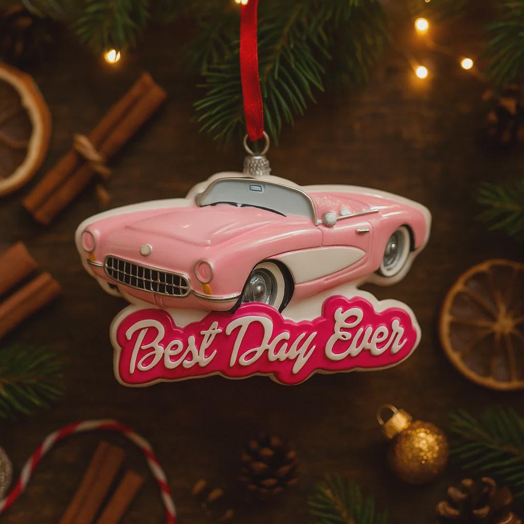Personalized pink convertible car Christmas ornament with custom name detail and “Best Day Ever” text. This retro style pink car holiday ornament features raised 3D front details and a lightweight flat back design, perfect for Christmas tree décor. A fun keepsake gift for girls, car lovers, birthdays, graduations, or celebrating a special milestone during the holiday season.