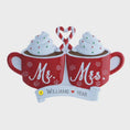 Load image into Gallery viewer, Romantic Mr and Mrs Christmas ornament featuring cozy hot cocoa cups design symbolizing love and togetherness. A perfect keepsake for newlyweds couples celebrating their first Christmas married. Ideal wedding gift holiday decor and meaningful seasonal ornament.

