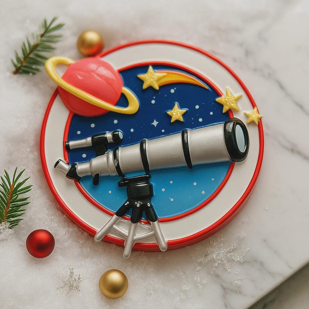 Decorative plate with space-themed design including a telescope, planets, and stars on a marble surface.