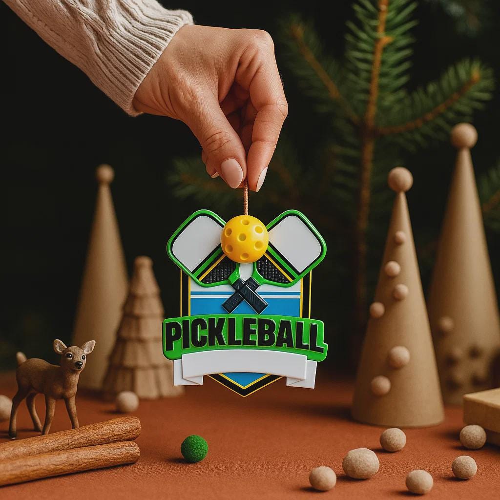 Personalized pickleball Christmas ornament featuring crossed pickleball paddles and a yellow pickleball on a shield style background, customizable name area on the front banner and customizable year area on the ball, glossy finish with raised 3D front details and flat 2D back, white hanging ribbon, displayed on a snowy pickleball court themed holiday background with pine branches and festive decorations.