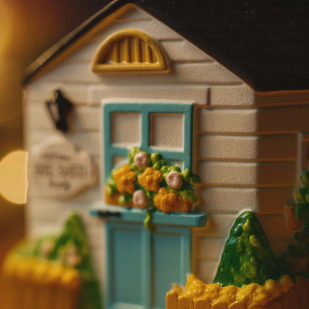 Decorative model of a house with a blue door and flowers, blurred background