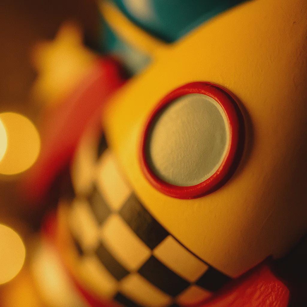 Close-up of a colorful toy with a checkered pattern and blurred lights in the background
