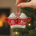 Load image into Gallery viewer, Romantic Mr and Mrs Christmas ornament featuring cozy hot cocoa cups design symbolizing love and togetherness. A perfect keepsake for newlyweds couples celebrating their first Christmas married. Ideal wedding gift holiday decor and meaningful seasonal ornament.
