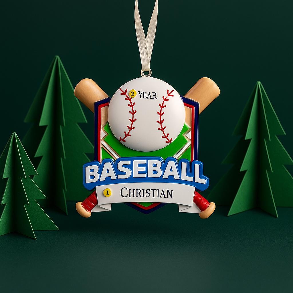 Personalized baseball Christmas ornament featuring a classic baseball and crossed bats design on a shield style background, customizable name area on the front banner and customizable year area on the baseball, glossy finish with raised 3D front details and flat 2D back, white hanging ribbon, displayed on a snowy baseball field themed holiday background with pine branches and festive decorations.