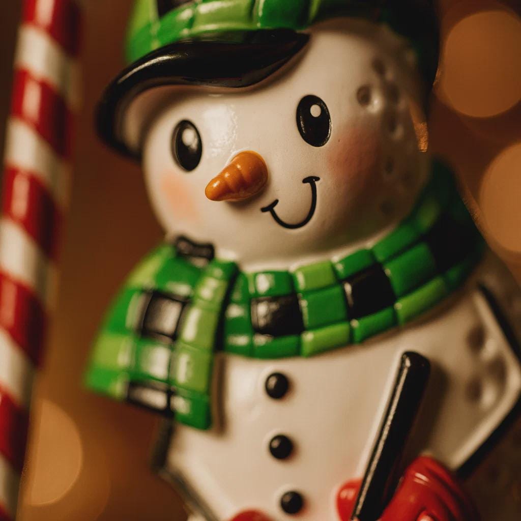 Close-up of a snowman figurine with a green scarf and hat, blurred candy cane in the background.