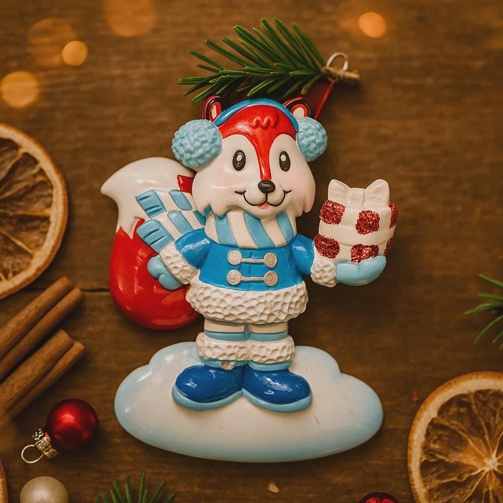 Decorative Christmas ornament of a bear in winter clothing with a gift, surrounded by festive items on a wooden surface.