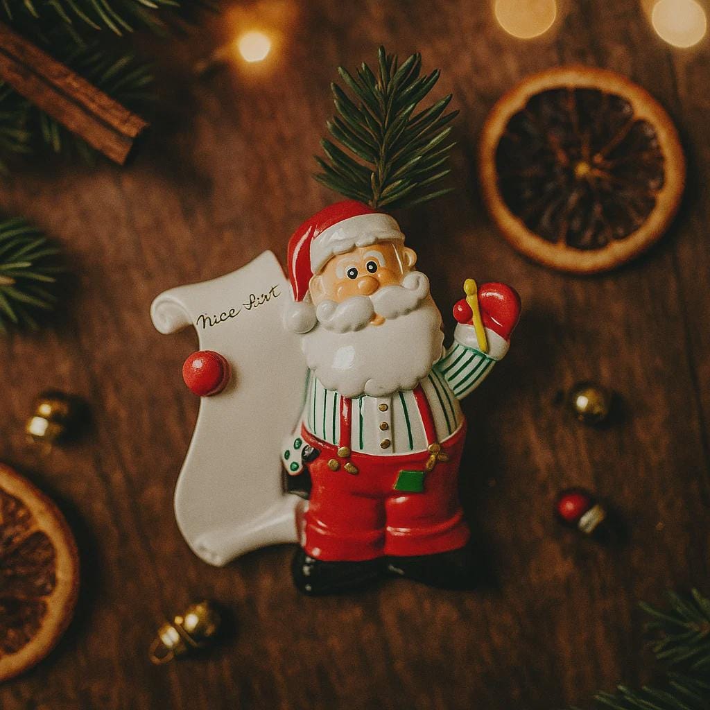 Decorative Santa Claus figurine holding a 'Nice List' sign on a wooden surface with Christmas decorations.
