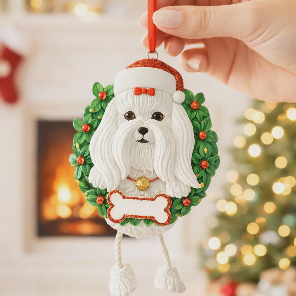 Decorative Christmas ornament of a dog in a wreath with a blurred festive background