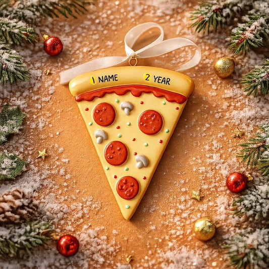 Decorative pizza slice ornament with customizable text on a festive background.