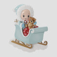 Load image into Gallery viewer, Personalized baby first Christmas ornament featuring a sweet baby boy sitting in a pastel blue sleigh holding a small teddy bear. Handwritten baby name and year displayed on the sleigh front. Smooth resin finish with soft winter tones, lightweight structure, mostly 2D ornament with raised 3D front details, designed for baby boy nursery themed Christmas tree decor and keepsake gifting.
