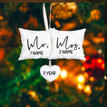 Load image into Gallery viewer, Personalized Mr and Mrs pillow ornament featuring a soft white cushion design with hanging heart detail. A romantic keepsake for newlyweds celebrating their first Christmas married or Valentine’s Day. Perfect wedding gift anniversary decor and couple ornament.
