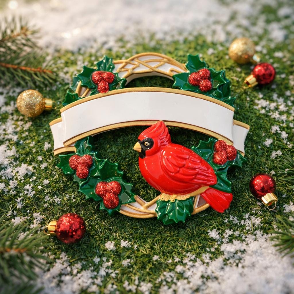 Personalized cardinal wreath ornament featuring a vibrant red cardinal bird surrounded by green holly leaves and red berries. Designed with a smooth glossy finish and a raised 3D front with a flat back for easy hanging. Includes free handwritten personalization with one name and year displayed on the banner at the top. Styled in a warm festive holiday setting with soft Christmas lights candy details and seasonal decor. A meaningful Christmas tree ornament symbolizing remembrance love and connection perfect 