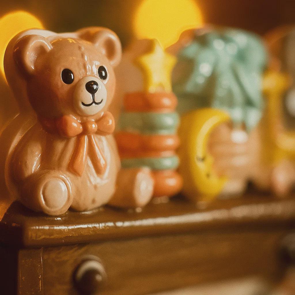 Toy bear with a bow tie on a wooden surface with blurred Christmas decorations in the background.