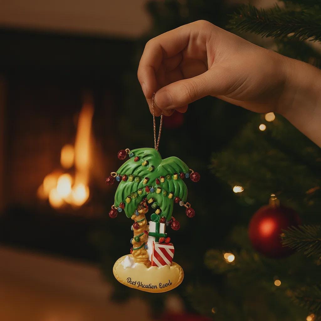 Decorative palm tree ornament with lights and a gift, held by a hand in front of a Christmas tree and fireplace.