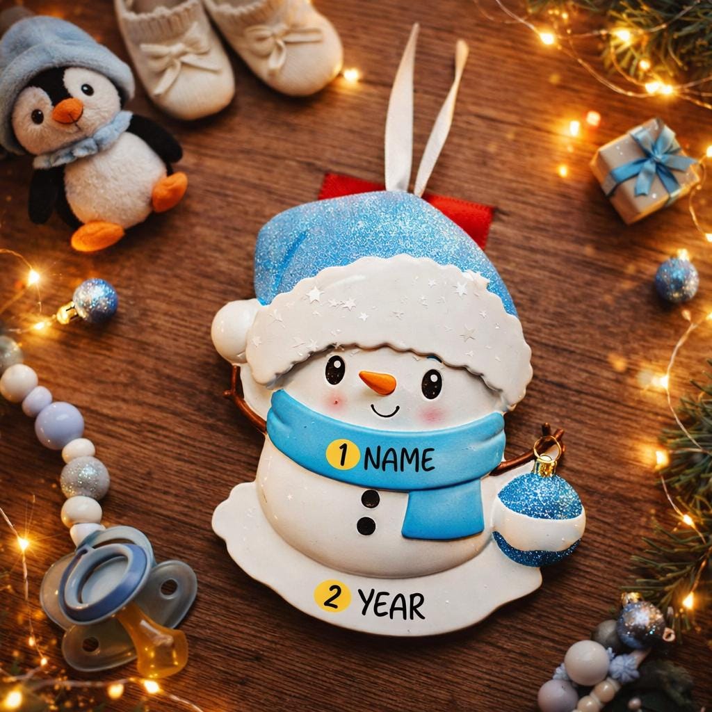Personalized Snowman Baby Christmas Ornament featuring a cheerful snowman with blue glitter hat and scarf, holding a sparkling ornament. This design has a raised 3D front with textured details, dimensional elements, and vibrant winter colors. The child’s name is placed on the scarf and the year is added below. A perfect keepsake for baby’s first Christmas, newborn gift, winter holiday decoration, and meaningful family tree memory ornament.