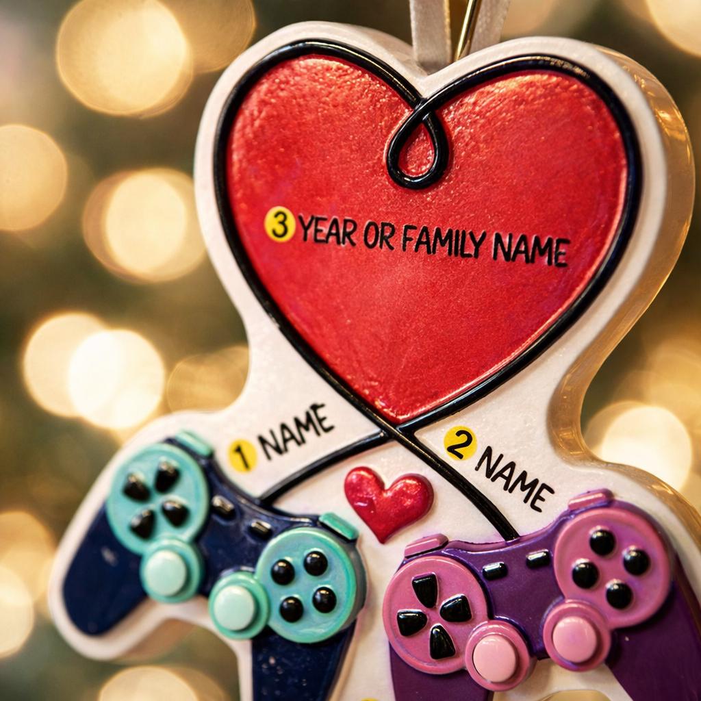 Gamer themed Christmas ornament featuring two game controllers connected with a heart design. Personalized with two custom names and a year or family name displayed on the ornament. Raised 3D details add texture and depth making it a unique holiday keepsake for gamer couples and gaming partners.