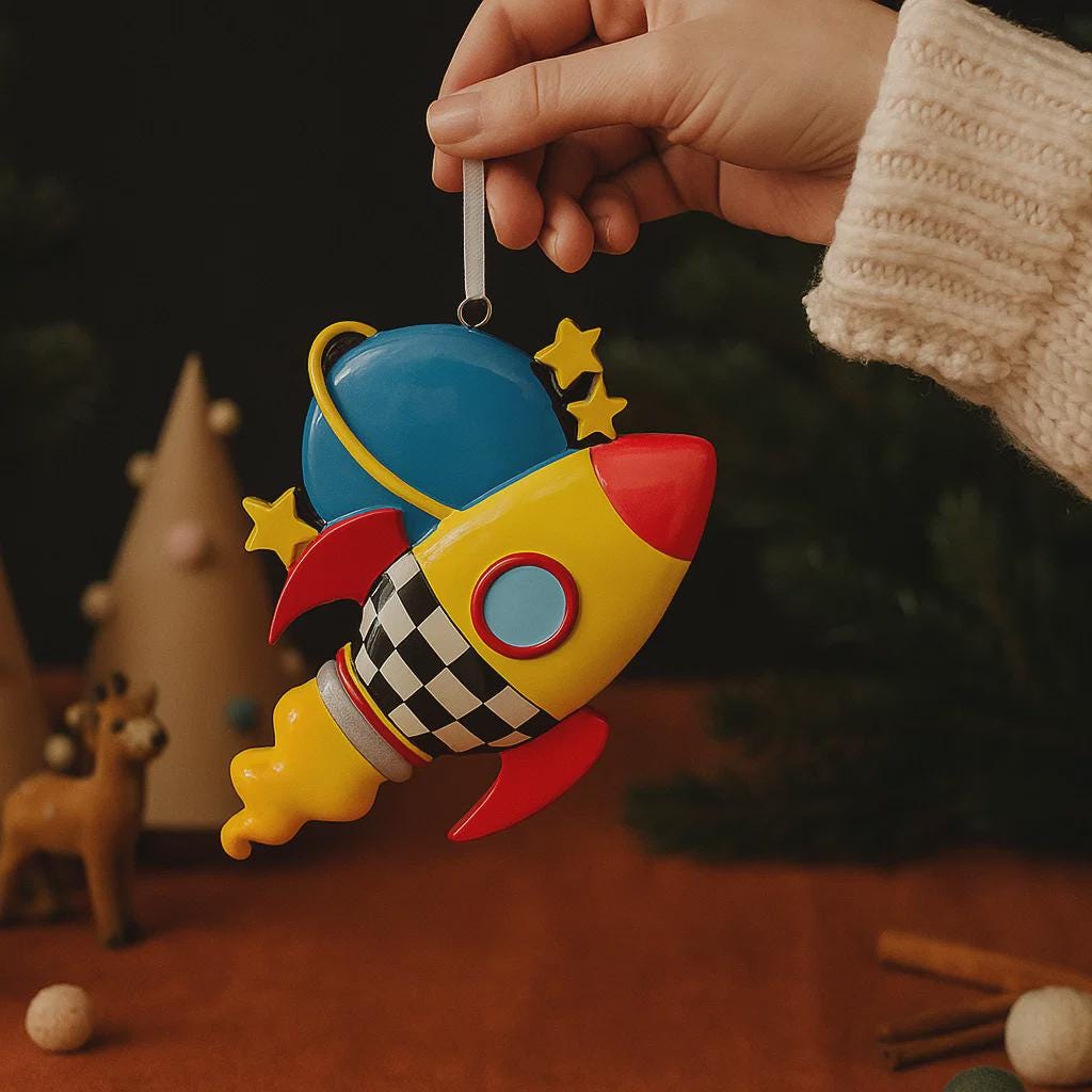 Colorful rocket-shaped ornament held by a hand with a dark background