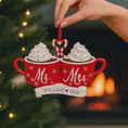 Load image into Gallery viewer, Romantic Mr and Mrs Christmas ornament featuring cozy hot cocoa cups design symbolizing love and togetherness. A perfect keepsake for newlyweds couples celebrating their first Christmas married. Ideal wedding gift holiday decor and meaningful seasonal ornament.
