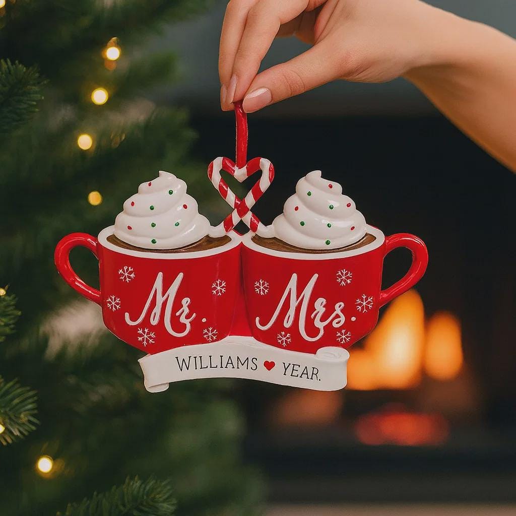 Romantic Mr and Mrs Christmas ornament featuring cozy hot cocoa cups design symbolizing love and togetherness. A perfect keepsake for newlyweds couples celebrating their first Christmas married. Ideal wedding gift holiday decor and meaningful seasonal ornament.
