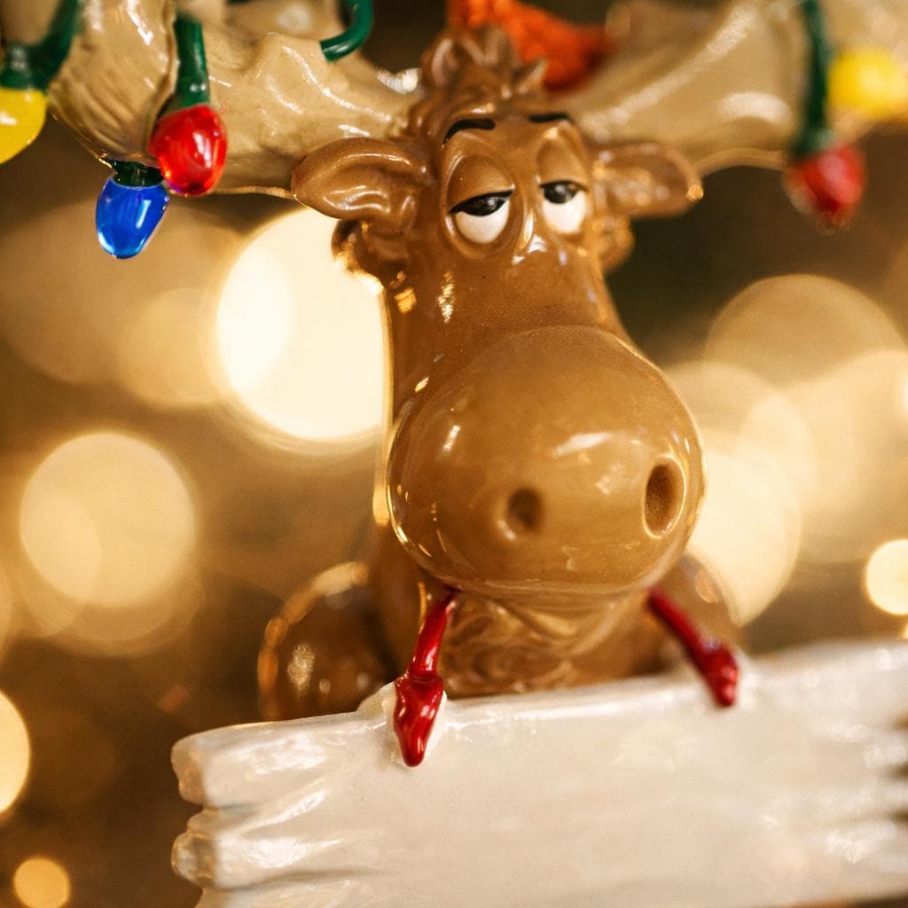 Decorative reindeer ornament with a blurred Christmas tree background