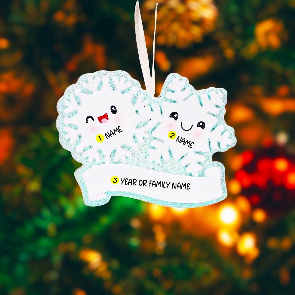 Personalized snowflake couple ornament featuring two smiling snowflakes, customized with two names and a year or family name. A perfect Christmas keepsake for couples, partners, siblings, or loved ones celebrating winter memories together. This festive ornament adds a playful and heartfelt touch to holiday decor, making it a meaningful gift for Christmas, anniversaries, or winter celebrations.
