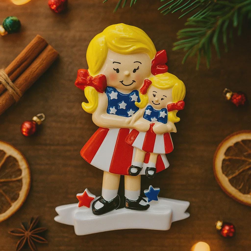 Decorative Christmas ornament of two girls in American flag dresses on a festive background.